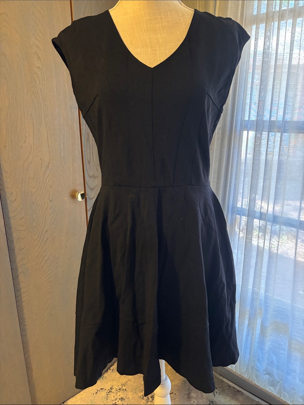 Macys Bar III Black V Neck Fit and Flare Dress Stretch Flattering Classic